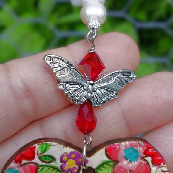 Artisan Ceramic Heart Suncatcher Choose Joy Tibetan Silver Beaded Crystals NEW - Picture 10 of 12